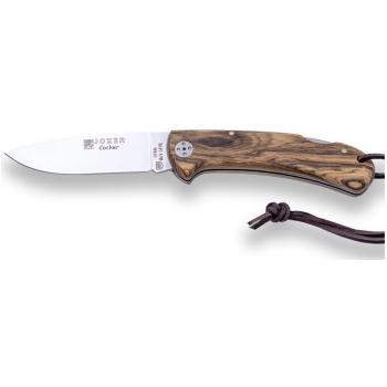 Navaja de caza Joker Cocker NB134 con hoja de acero inoxidable MOVA de 9 cm, mango de madera bocote y cordón de cuero - Ideal para pesca, caza, camping y senderismo