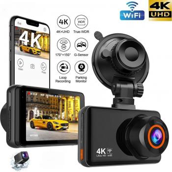 Grabadora de conducción 4K con GPS y WiFi, doble lente, grabación automática, video time-lapse y monitor de estacionamiento 24 horas