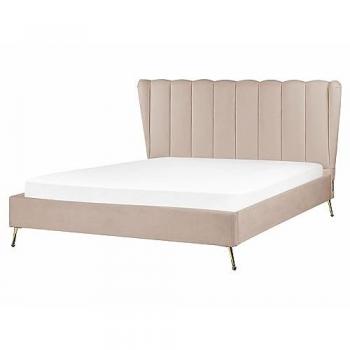 Cama King Size 160x200 cm de Terciopelo Taupe con Cabecero y Puerto USB, Estructura de Metal Dorado
