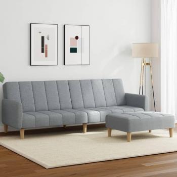 Sofá Cama de 2 Plazas con Taburete, Tela Gris Claro, Sofá Plegable y Reposapiés