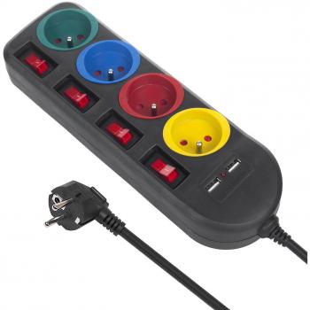 Regleta de Enchufes Maclean MCE229B, 4 Tomas + 2xUSB, con Interruptores, 250VAC/10A, 2.1A 5V, 1.5m, Negra