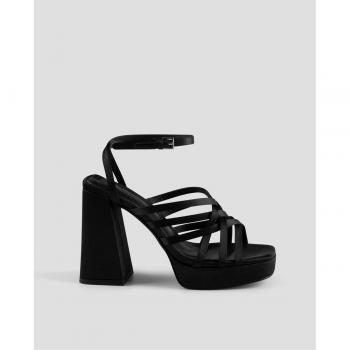 Sandalias de Tacón de Ante Vegano Negro con Tiras Cruzadas
