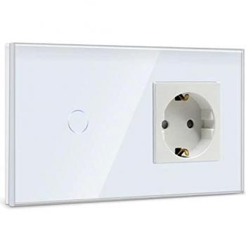 BSEED Interruptor con Enchufe,1 Gang 1 Vía Interruptor de Luz con Enchufe de pared,BlancoInterruptor tactil de Luz pared con indicador LED,enchufes de extensión con panel de vidrio templado 500W