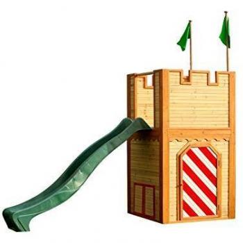 Casa Infantil de Madera Arthur con Tobogán Verde y Techo Marrón/Rojo - Parque de Juegos para Niños