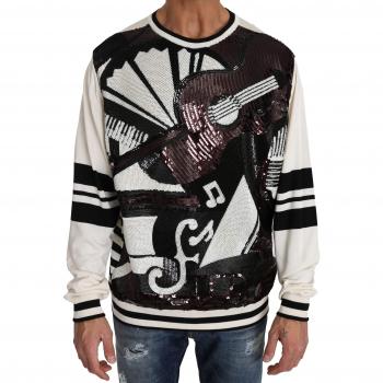 Dolce & Gabbana White Jazz Sequined Guitar Pullover Top Sweater - IT46 | S