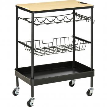 Carro de Cocina con Ruedas HOMCOM - Carrito Multiuso con Botellero, Cesta Extraíble, Bandeja y 4 Ganchos - Ideal para Comedor y Salón