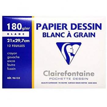 Clairefontaine 96155C - Pochette Dessin Scolaire - 12 Feuilles Papier Dessin Blanc à Grain - A4 21x29,7 cm 180g - Idéal pour les Arts Plastiques