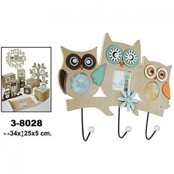 DonRegaloWeb - Perchero de pared de 3 ganchos con portafotos de madera decorado con búhos. Medidas: 34cm x 25cm x 5cm
