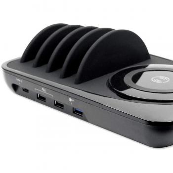 Estación de Carga USB 5 Puertos con Cargador Inalámbrico Removible 50W, 3x USB-A, 1x USB-C