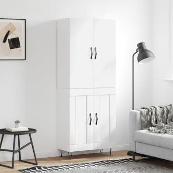 Aparador alto de madera contrachapada con acabado en blanco brillo, dimensiones 69,5x34x180 cm, cuenta con 2 puertas de madera y funciona como mueble de almacenaje para salón o armario auxiliar