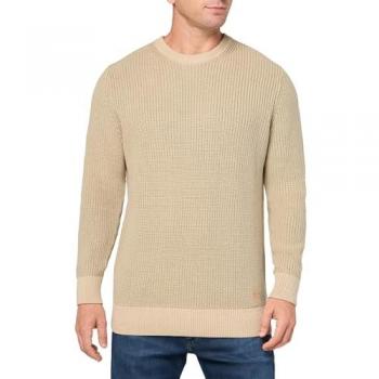 Guess Rib Knit Sweater, Round-neck Knitwear, male, Beige, Size: L