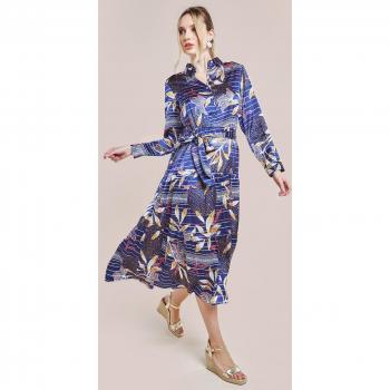 Goddiva Printed Tiered Shirt Midi Dress - Navy