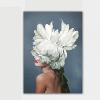 Impresión sobre Lienzo Mujer y Flores 04 - Poliéster, Madera, Rosa, Blanco, Azul - 50x3x70 cm