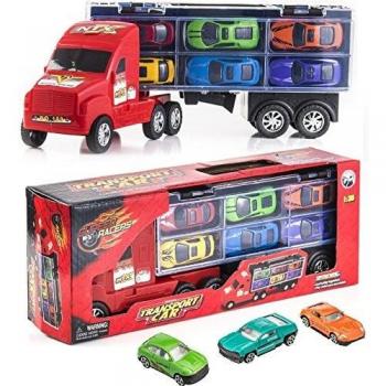 PREXTEX Camión de Transporte de Coches de Juguete de 38 cm Incluye 6 Coches de Metal de Juguete para Chicos Gran Niños
