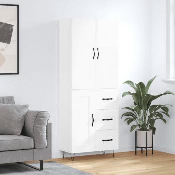 Aparador alto de madera contrachapada blanco brillo 69,5x34x180 cm con 1 puerta de madera y 3 cajones, mueble de almacenaje para salón, buffet, armario auxiliar y armario de