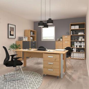 Pack Muebles Oficina Funcional Venture: Escritorio 120 cm, Estanterías, Puertas Abatibles y Cajoneras en Color Roble Artesano y Gris