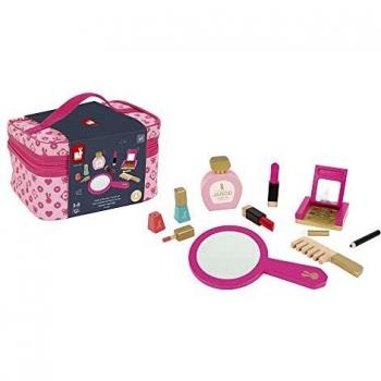 Janod - P'tite Miss Vanity Case for Children - 9 Solid Wood Accessories Included - Pretend Play Toy Beauty and Cosmetic, J06514, Pink
