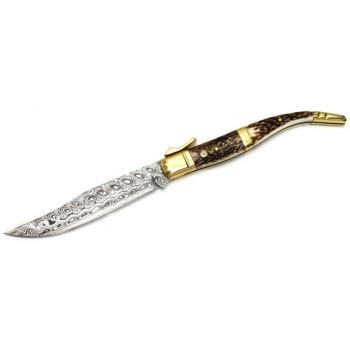 Electropolis Navaja de colección Muela Curro CURRO-A.DAM, de Acero Damasco Inoxidable, Hoja de 12,5 cm, asta de Ciervo y latón, tamaño Total 27,5 cm + Tarjeta Multiusos de Regalo