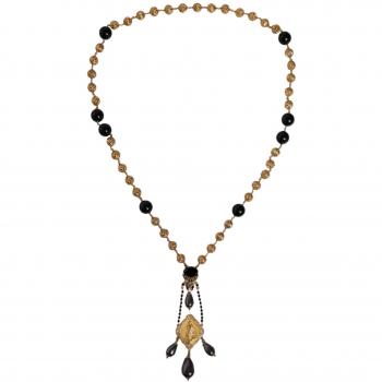Multicolor Virgin Mary Rosary Style Necklace with Gold Chain and Black Beads