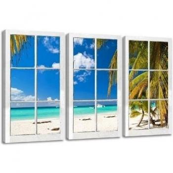Cuadros en Lienzo 160 x 90 cm Nr. 1164 Ventana con vistas, mares del sur, vacaciones, playa enmarcado y listo para colgar, calidad de la marca Visario