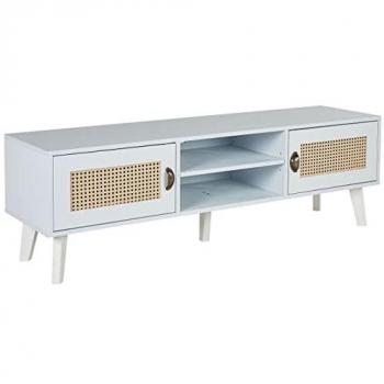 Mueble TV Vintage Blanco y Beige con Frentes de Ratán, 2 Gabinetes y 2 Estantes Abiertos, Gestión de Cables, Estilo Boho Retró