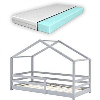 Cama para niños tipo casita con colchón ortopédico, reja de seguridad y somier - pino 70 x 140 cm - Gris claro