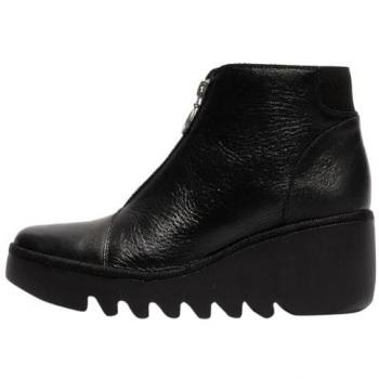 FLY LONDON Baaz Black Leather Front Zip Wedge Ankle Boots