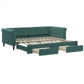 Sofá cama nido extraíble con cajones de terciopelo verde oscuro 90x200 cm