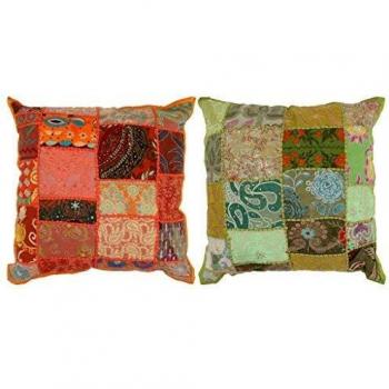 vidaXL 2X Cojines Patchwork 45x45 cm Naranja Verde Almohadones Almohadillas