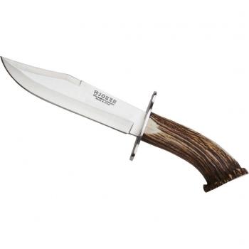 Cuchillo Joker CN100 con mango de asta de ciervo, hoja de 20 cm MOVA y funda de cuero marrón