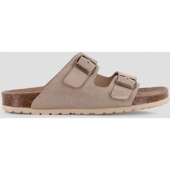 Sandalias planas de mujer beige de piel con dos hebillas
