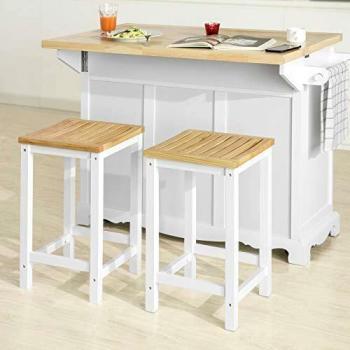 SoBuy Set de 2 taburetes de barra de desayuno de cocina de madera FST29-WNx2 Naturaleza, con estructura de madera de caucho y pino, diseño cuadrado, color blanco