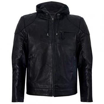 Retro Hooded Black Leather Bomber Jacket - Zaria 3XL