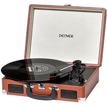 Tocadiscos Denver VPL-120 Brown, Reproducción a 3 Velocidades, Diseño Maleta, 2 Altavoces Estéreo, Función Grabación, Incluye Autostop, Color Marrón