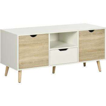 Mueble de TV HOMCOM con cajón, 2 puertas y estante para televisores de hasta 50 pulgadas en blanco y madera natural.