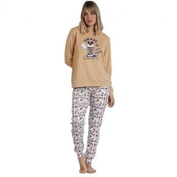 Pijama largo de mujer de punto color camel con diseño de Minnie College