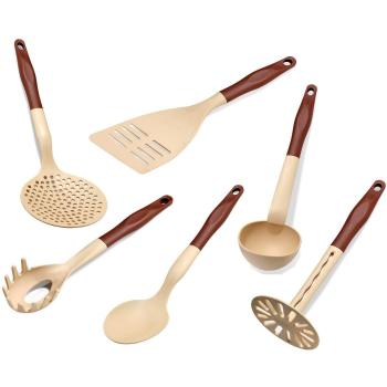 Lantelme - 6 pcs. adminculo de la cocina set de plstico resistente al calor hasta 260  c con esptula espaguetis cuchara potato masher servicio cuchara cucharn de sopa y skimmer. color de lavavajillas marrn / beige