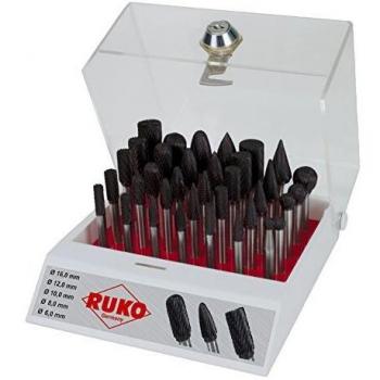 Ruko 116008TC Surtidos de 35 fresas de metal duro TiCN con vástago de 6 mm en vitrina de plástico, Negro
