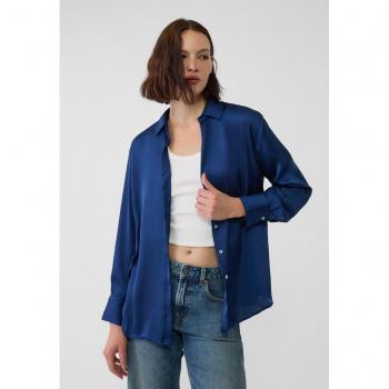 Navy Blue Satin Collared Shirt S