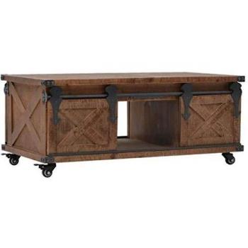 Solid Fir Wood Coffee Table with Wheeled Sliding Doors