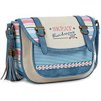 SKPAT - Bolso Bandolera pequeño de Mujer. Ideal para Diario. Lona Estampada a Rayas y Logo Bordado. Incluye Llavero. cómodo y Original. Verano y Primavera. 302522, Color Azul