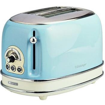 Ariete 155/15 - Tostador 2 ranuras anchas, vintage, 6 posiciones, función descongelar, recalentar, cancelar, paredes frías, pies antideslizante, recogecable, 810 W, color azul