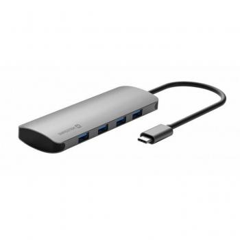 Adaptador HUB USB-C 4 en 1 con 4 Puertos USB 3.0 de Alta Velocidad hasta 5Gbps - Carcasa de Aluminio Gris