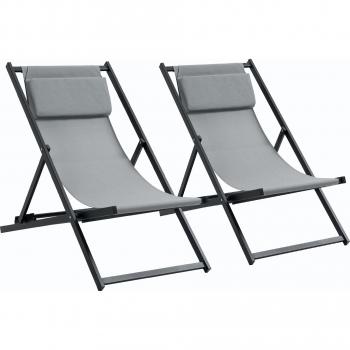 Outsunny Conjunto de 2 Tumbonas Plegables de Aluminio con Respaldo Regulable en 5 Posiciones y Reposacabezas 58x96,5x91,5 cm Gris