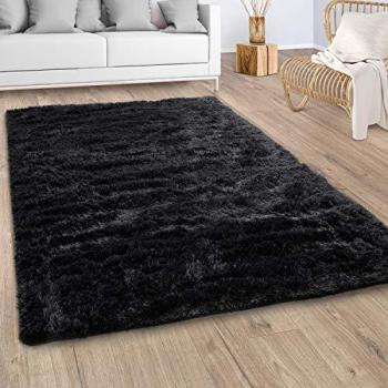 Alfombra Salón Shaggy Pelo Largo Suave y Mullida de Piel Sintética Negra 160x220 cm