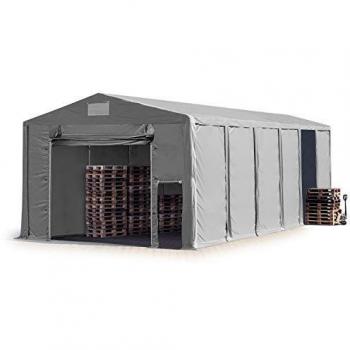 Carpa almacén TOOLPORT 8x12 m - altura lateral de 4,0 m con puerta levadiza, PVC 850, gris, 100% impermeable