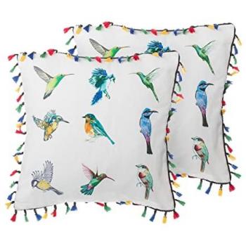 Set de 2 Cojines Decorativos con Estampado de Pájaros Blancos y Flecos Multicolores 45 x 45 cm