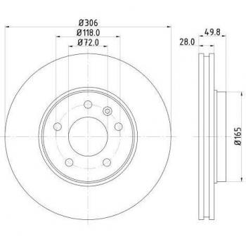 Disco de freno HELLA 8DD 355 127-801 - alto carbono, recubierto, 306mm, 28mm, ventilado, compatible con NISSAN / OPEL / RENAULT / VAUX
