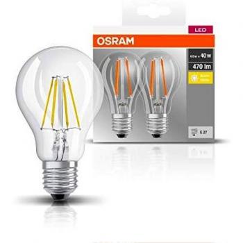 Osram Lámpara LED Base Classic A, en forma de bombilla con casquillo E27, no regulable, reemplaza 40 vatios, estilo filamento transparente, blanco cálido - 2700 Kelvin, paquete de 2