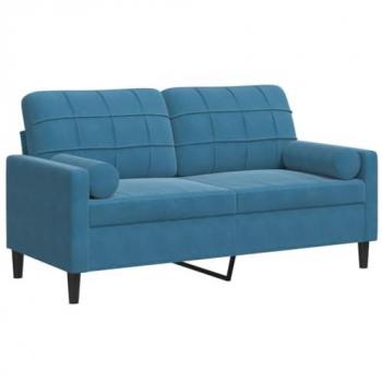 Sofá de 2 plazas con cojines en terciopelo azul de 140 cm, sofá tapizado, sofá de salón
